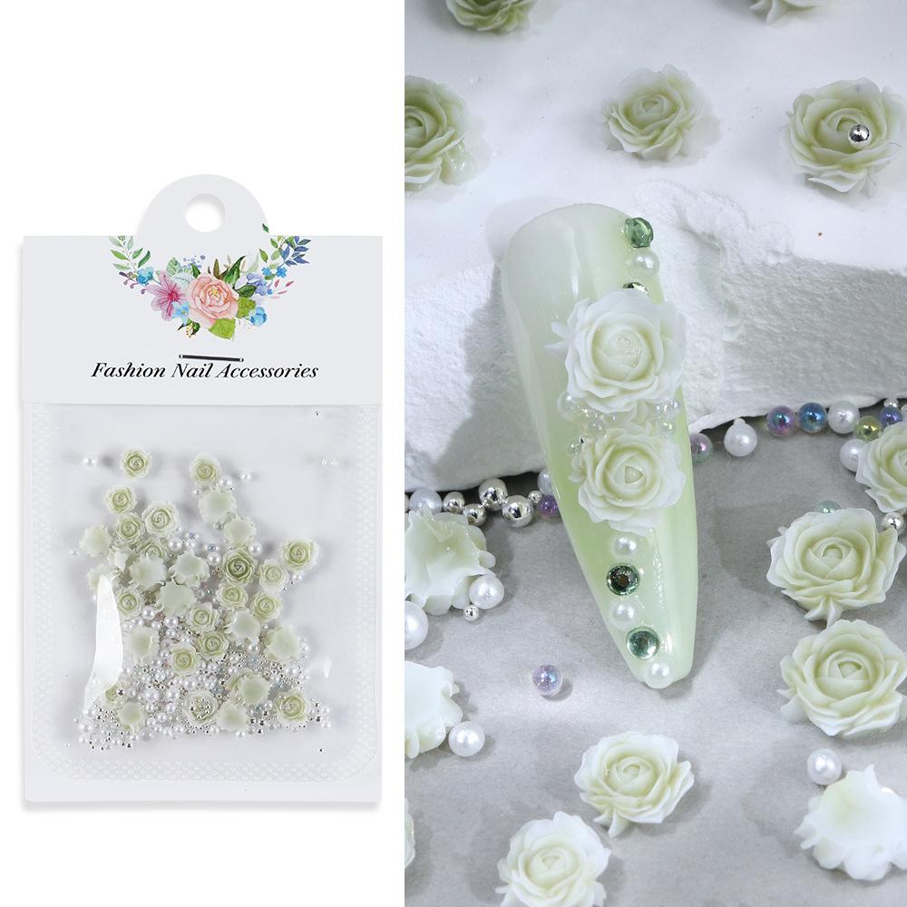 3 Packs 30 Gradient Carved Rose Nail Accessories, Dragon Sand, Gemstones, Rose Flowers with Steel Beads and Pearls, Nail Accessories