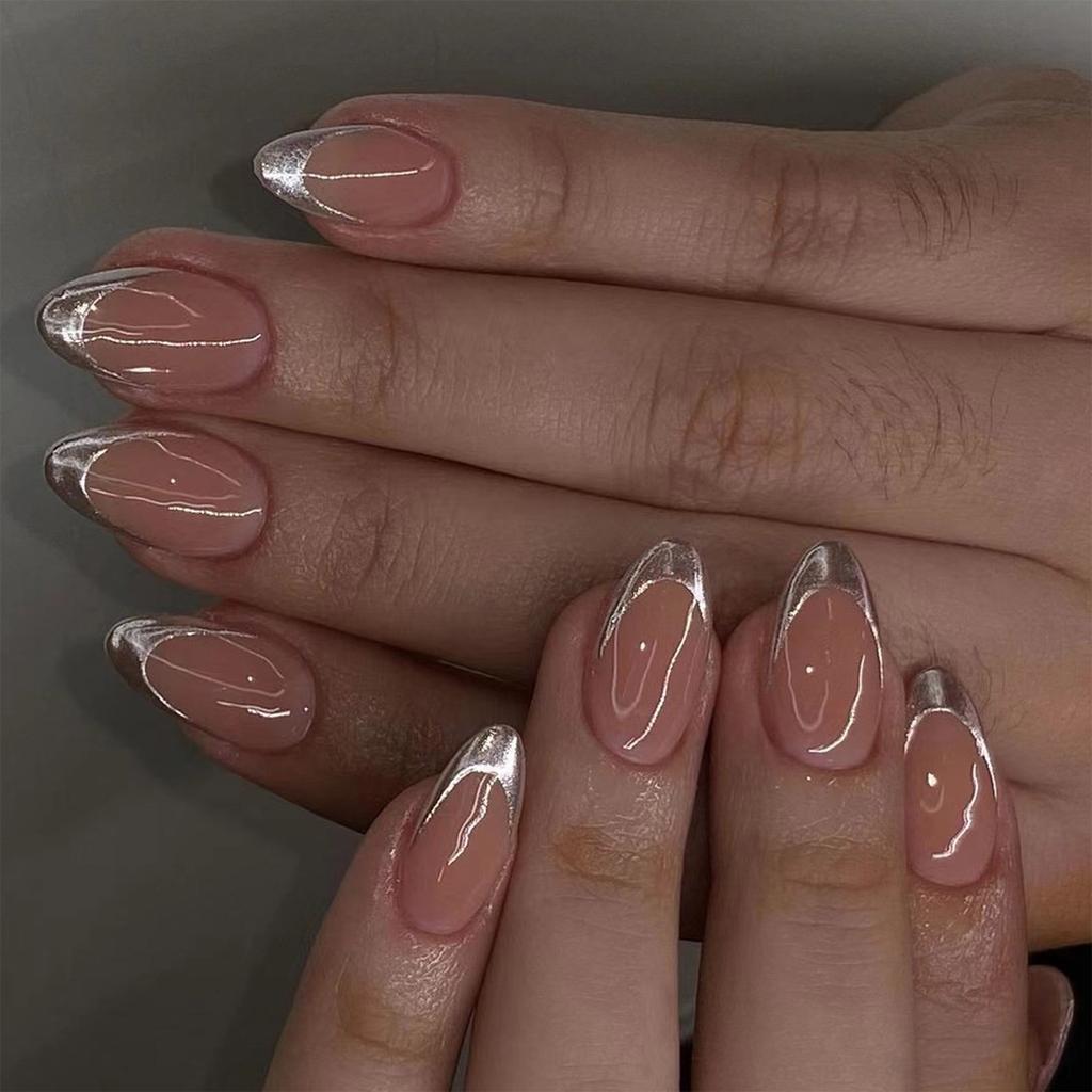Silver French Tip Press On Nail Short Almond Full Cover False Nail Simple Stick On Nail Simple Artificial Nail