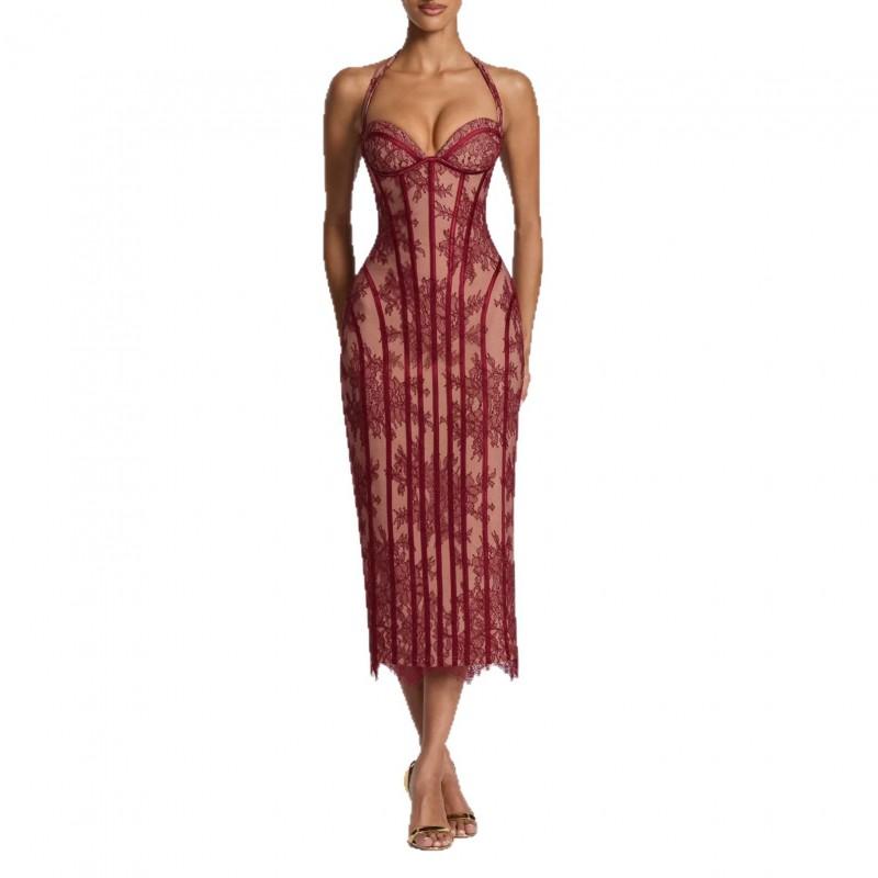 2026 Womens Lace Sleeveless Halter Neck Fitted Midi To Maxi Dress With Corset Waist