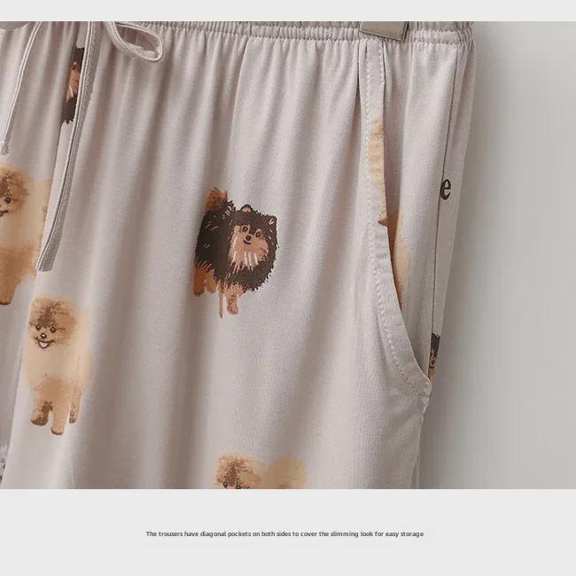 Pomeranian Cartoon Print Modal Pajama Set - Women's Summer Short-Sleeved, Lightweight, Loose Fit Shorts for Home