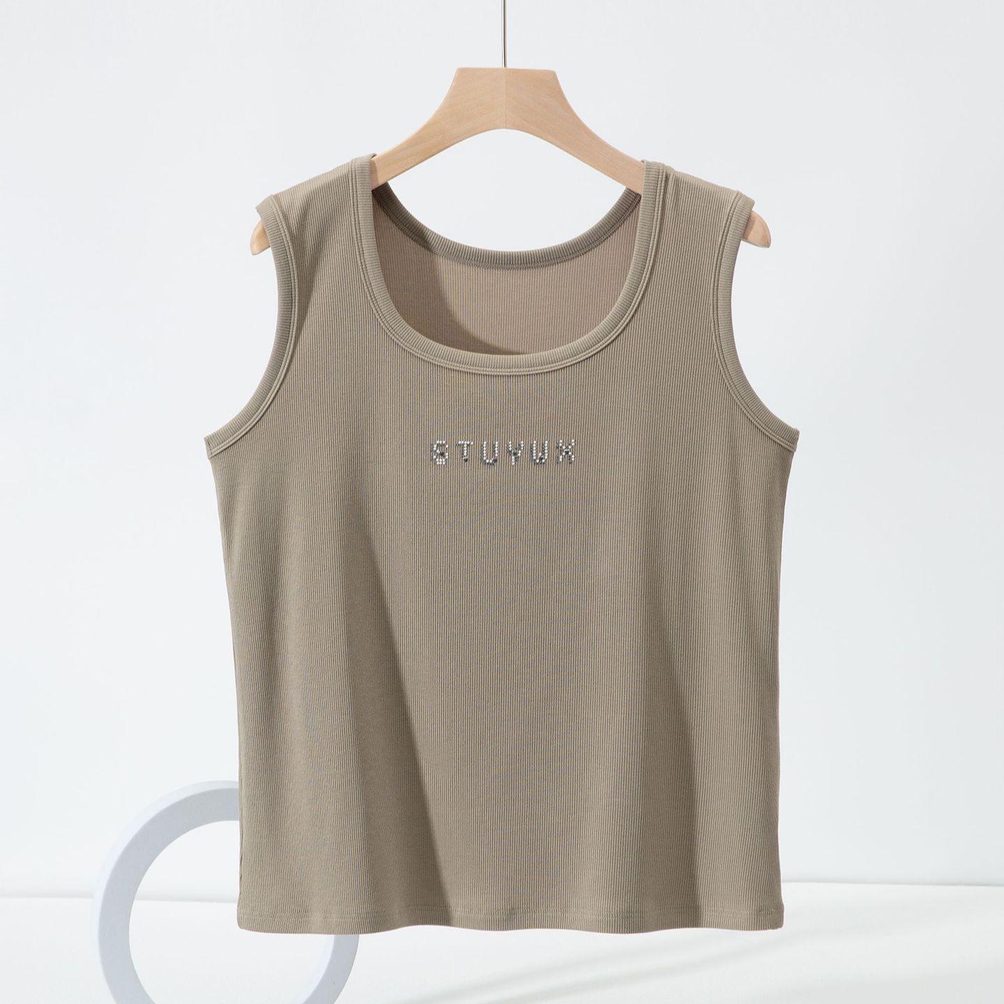 Plus Size Ribbed Cotton U-Neck Tank Top with Printed Letters - Women s Casual Wide Shoulder Elastic Fit One Size