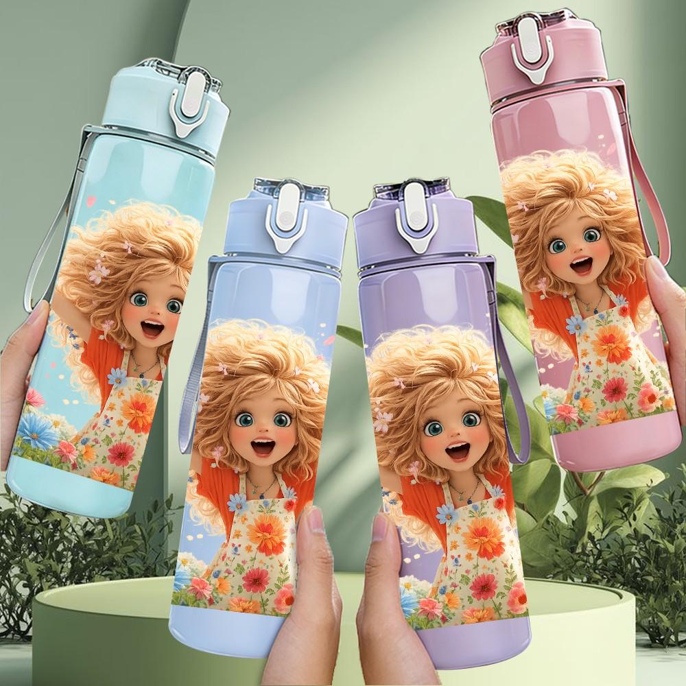 1PC Little Girl Flower Field Cartoon Print 750ml Color Plastic Sports Water Bottle Leakproof Flip Straw Lid Suitable for Sports Office Home Use