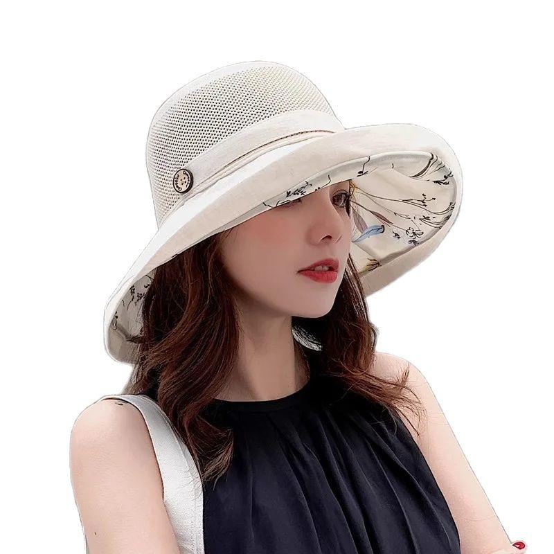 Summer Women's Double-sided Bucket Hat Korean Version Mesh Pattern Button Pot Hat Outdoor Sunscreen Hat