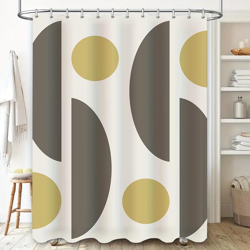Modern Geometric Shower Curtain Set 180x180cm Yellow Dot Design for Bathroom Decoration In White Gray Color with Hooks (SS)