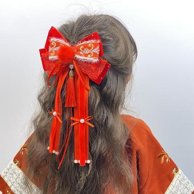Tassel New Year Hairpin Red Hanfu Hair Ornamen Sweet Bow Ribbon Hair Clip  Girls