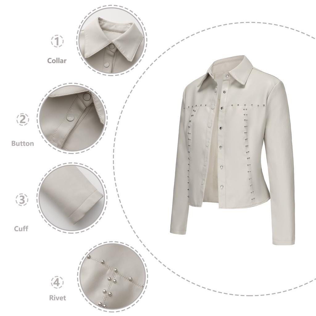 2024 Spring and Autumn New Rivet Leather Jacket Cardigan Button Leather Jacket European and American Fashion Thin Jacket Cross-border Women's Clothing