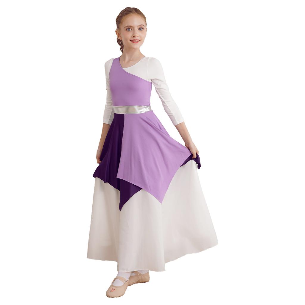 Mädchen Asymmetrische Tunika Tanzkleid - Ärmellos Einseitige Schulter Kontrastfarbenes Design