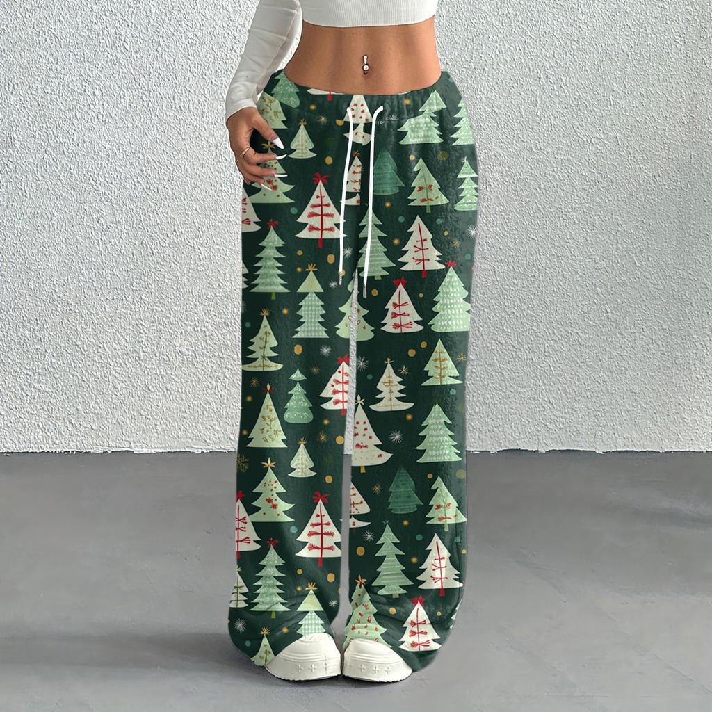 Women's Casual Fashion Printed Elastic Waist Loose Straight Leg Pants With Rope