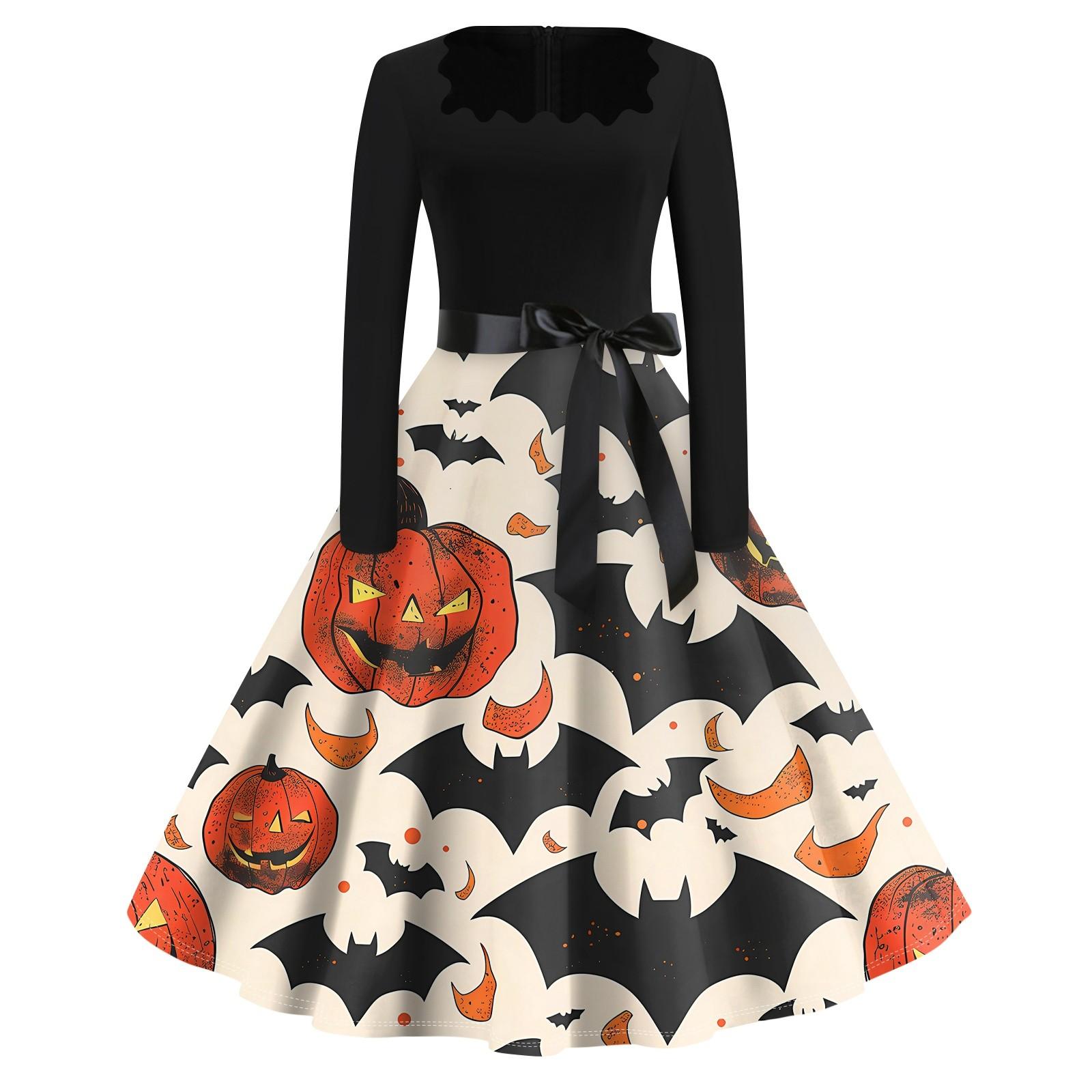 

Платье с расклешенным принтом на Хэллоуин для женщин, платье с длинным рукавом, полые вечерние повседневные платья S чёрный