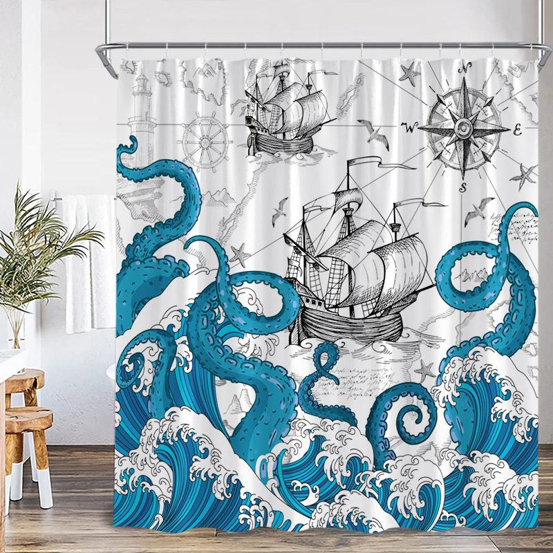 Ocean Red Octopus Shower Curtain Sea Wave Sailboat Lighthouse Nautical Bath Curtains Polyester Fabric Bathroom Decor with Hooks