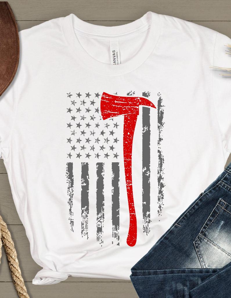 Firemans Axe Patriotic Tee, US Flag Shirt for Firefighter, American Flag T-Shirt, First Responder Gift, Casual Wear Top, Family Pride