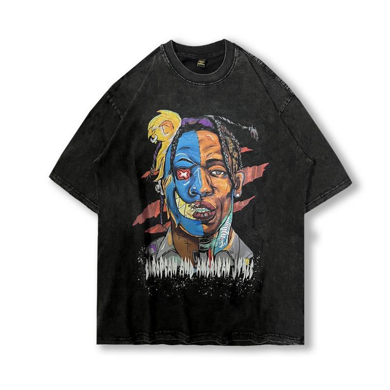 Guochao Hip-Hop Vintage Retro Printing Heavy-Duty Old Short-Sleeved T-Shirt Men'S And Women'S Hiphop Half-Sleeved T-Shirt