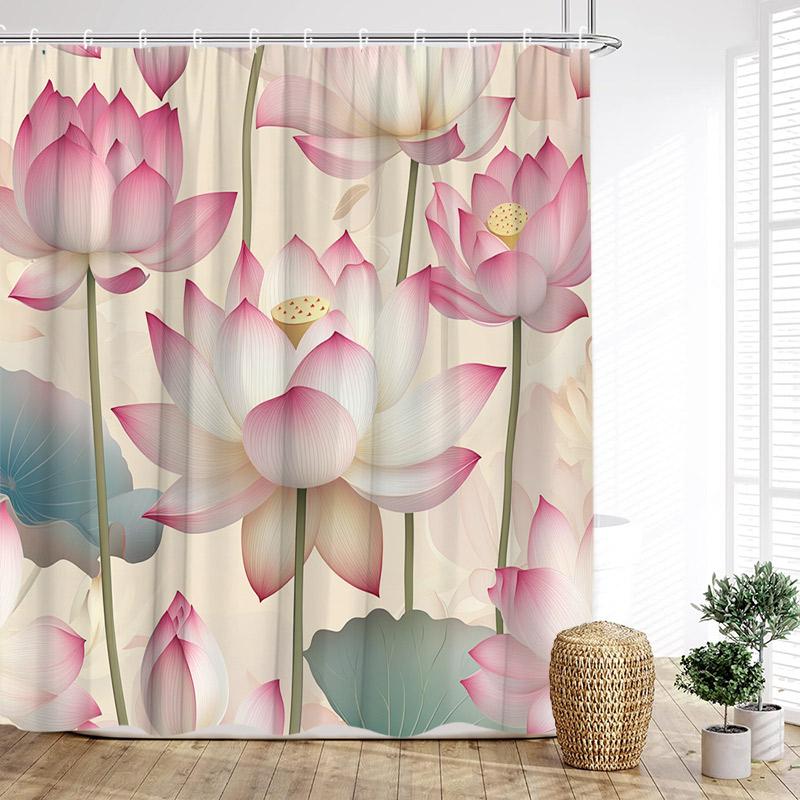 Lotusblommor Duschdraperi Naturliga Gröna Blad Växt Floral Kinesisk Stil Badgardiner Tyg Hem Badrumsinredning med Krokar