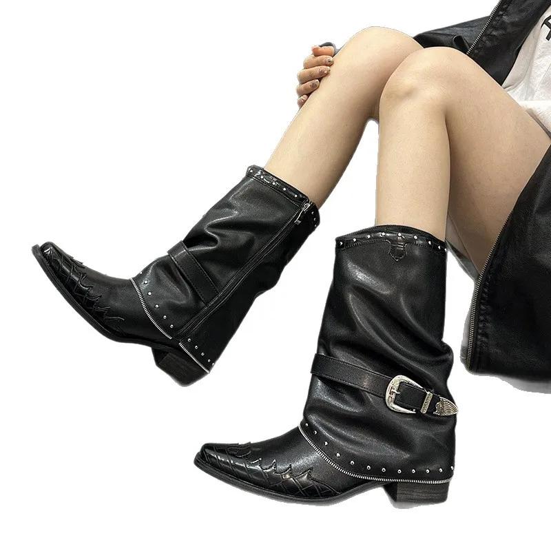 Fashion Trendy Western Cowboy Boots Pointed Toe Knight Style Women's New Vintage Small Crowd V-Notch Large Size Screwed Pants Boots