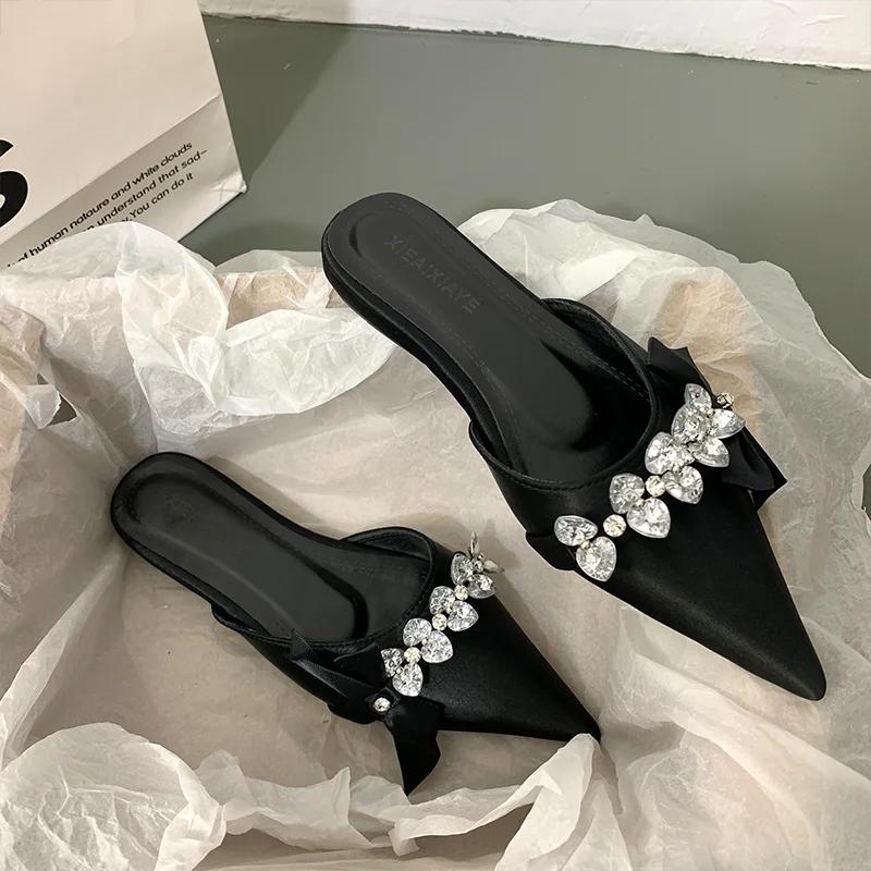 Crystal Women Slippers Pointed Toe Flats Shoes Dress Cozy Woman Sandals 2025 Designer Trend Brand Fashion Bow Chaussures Femme