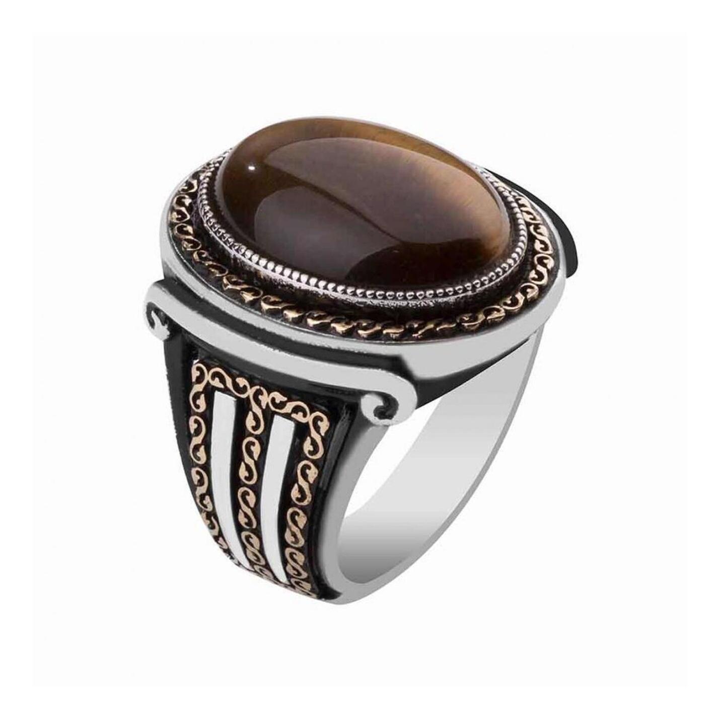 

Shah Design Мужское кольцо из стерлингового серебра с тигровым глазом и камнем