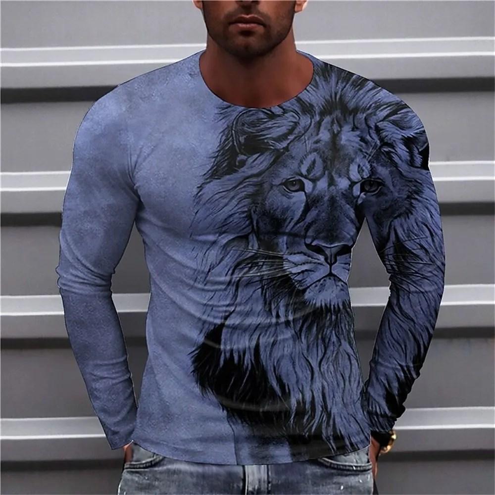 2023 Autumn Plus Size O-Neck Long Sleeve T-shirt Men's Clothing Men's T-shirt 3D Animal Print Top Casual Street Vintage T-shirt