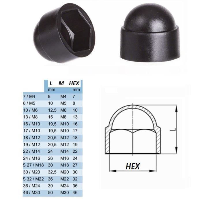5x CACHE ECROU DIAMETRE M8 / CLE Hexagonale 13mm CAPUCHON BOUCHON PLASTIQUE NOIR VIS AUTO 8MM
