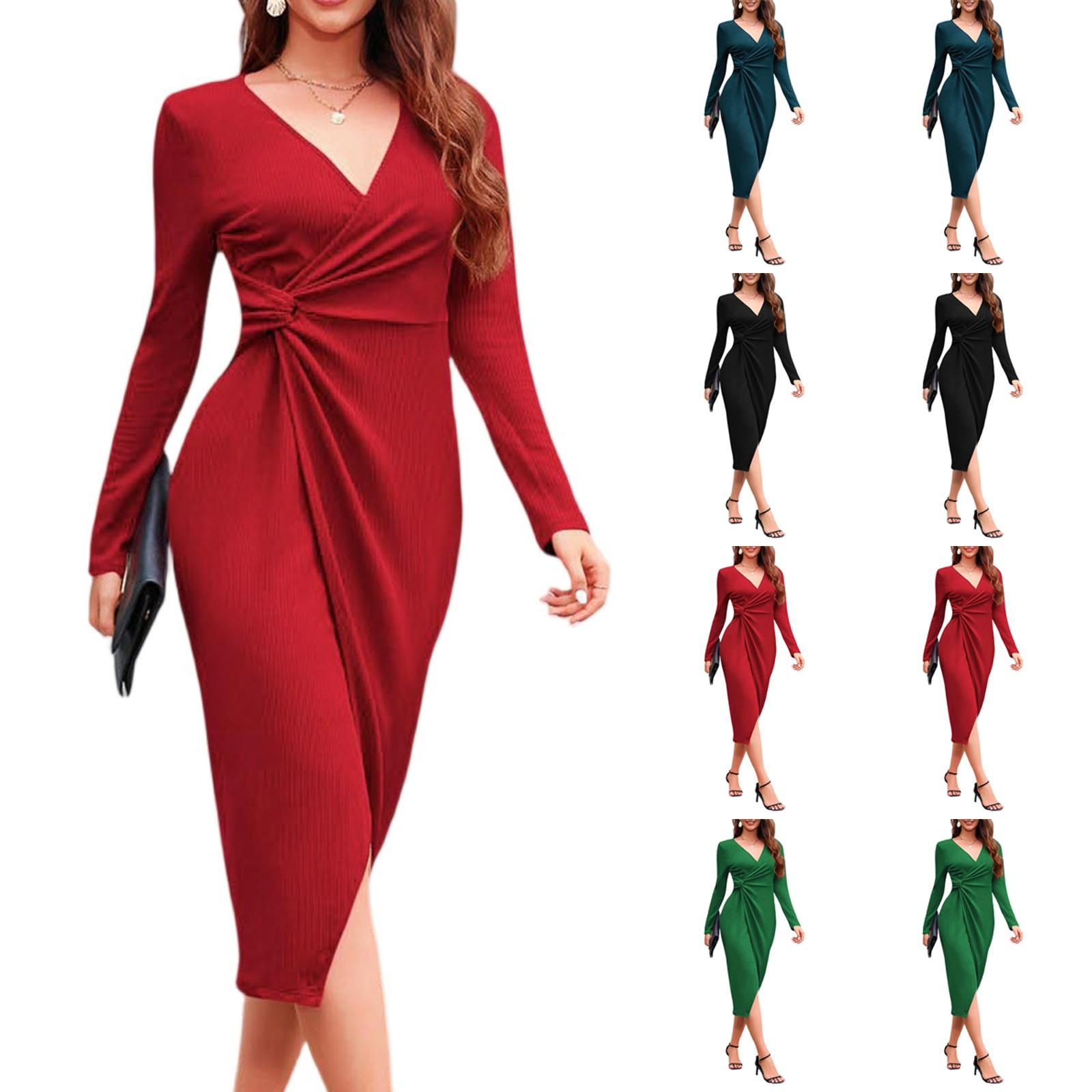 

Women s Fashion Solid Color V Neck Waist Slim Slit Long Sleeve Dress M красный