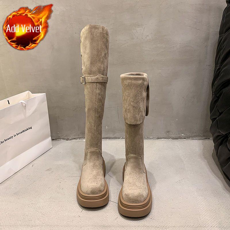 Women's Flip-Fold Thick Sole Over-The-Knee Chelsea Boots Autumn/Winter New Chunky Heel Slimming Design Comfort Shoes