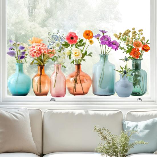Flower Vase Window Cling Removable Waterproof PVC Floral Plants Container Static Glass Sticker Home Living Room Bedroom Decoration Decal