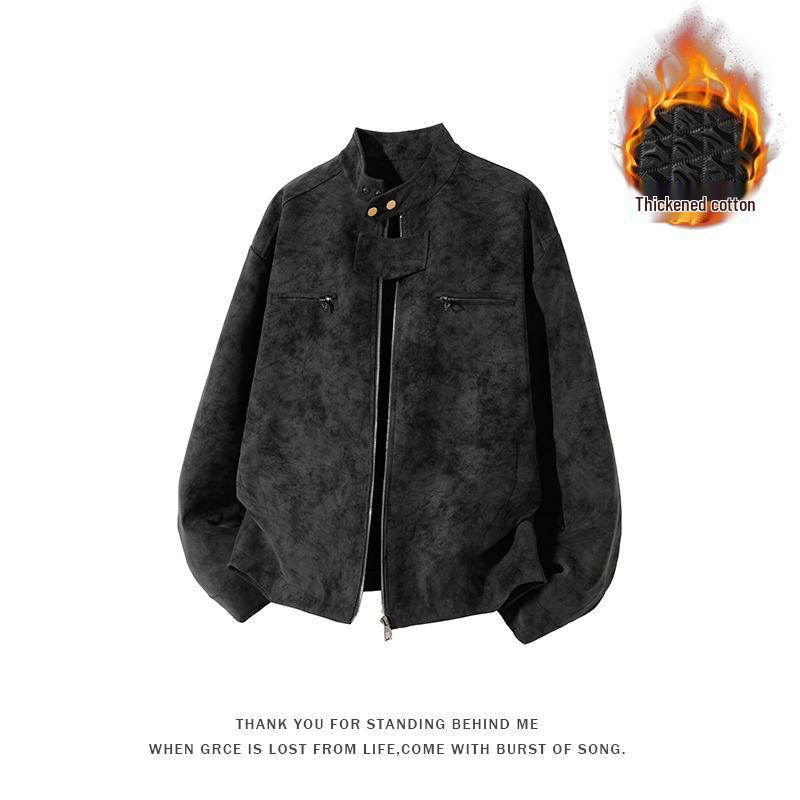 Men's American Retro PU Leather Stand Collar Motorcycle Jacket - Winter Style, Padded, Loose Fit, Versatile and Casual.