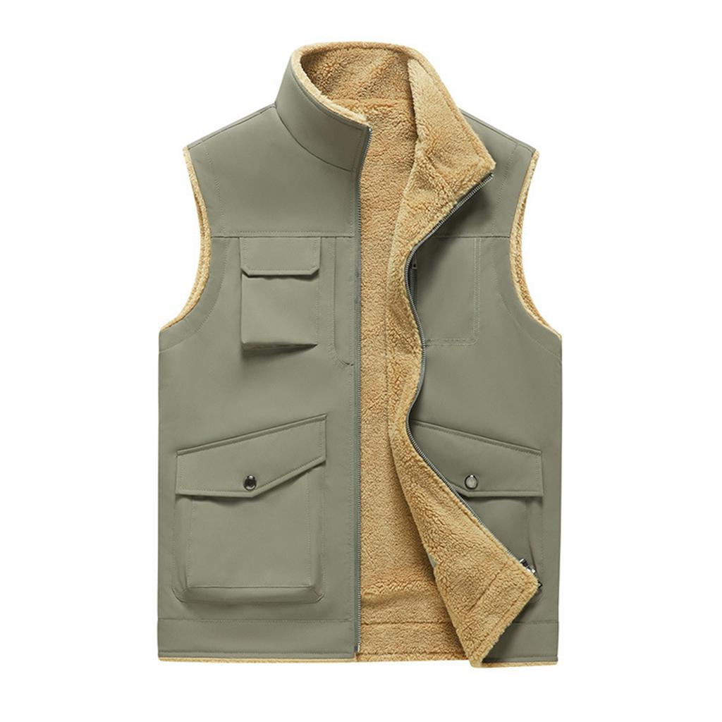 Men's Casual Fleece Solid Color Zipper Vest, Multi-pocket Workwear Vest, Stand-up Collar Lambskin Vest