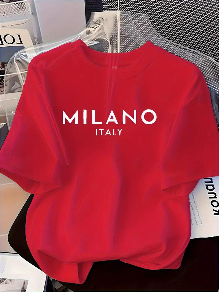 Unisexs Pure Cotton Fashionable Casual Loose Italian Style Milan Letter Printed Round Neck Short