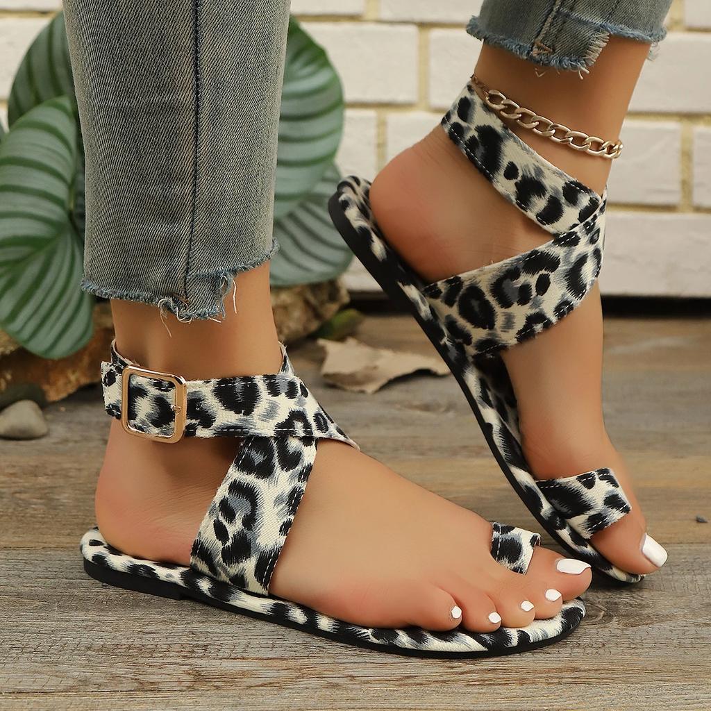 Fashion 2025 Summer Leopard Print Flat-bottomed Set of Toe Sandals One-word Buckle Belt Fashionable Outer Wear Large Size Women's Shoes