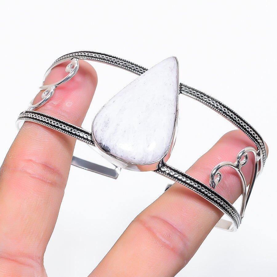 Natural Scolecite Gemstone 925 Sterling Silver Cuff Bangle Adjustable c0V09