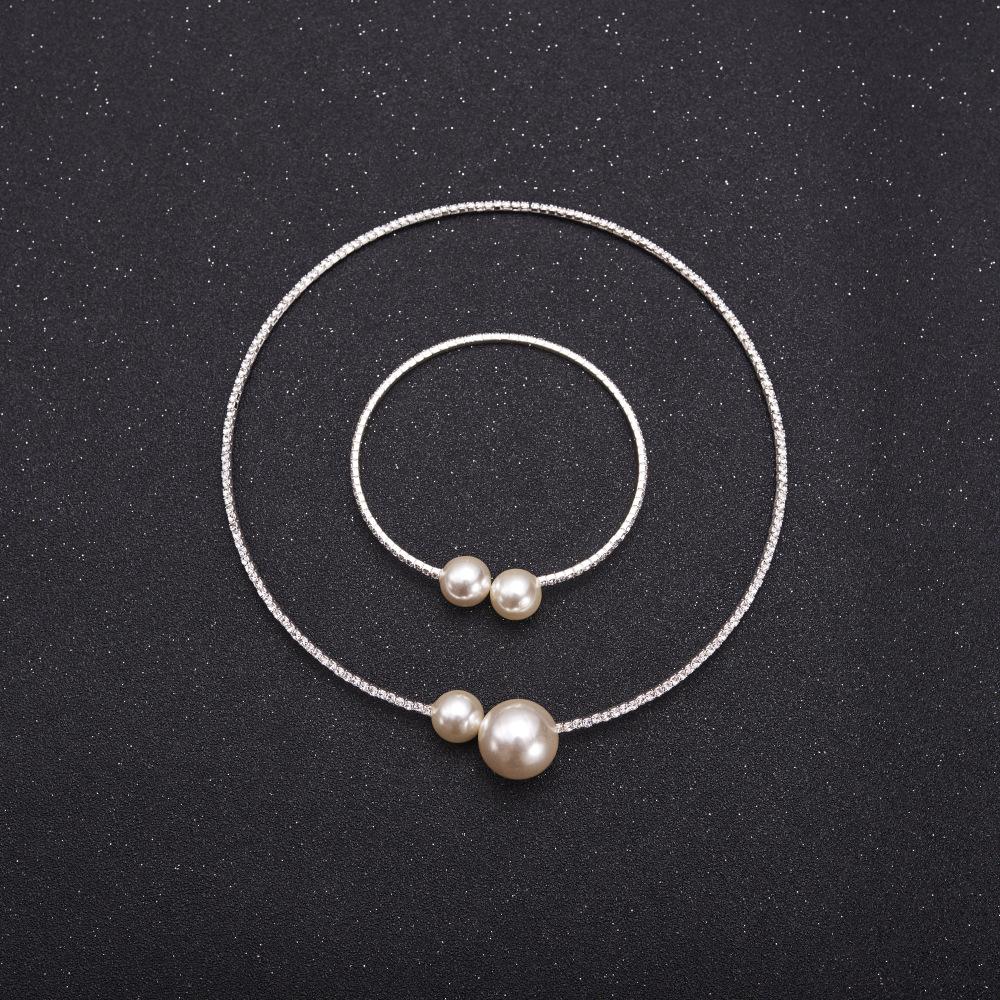 Wedding Necklace and Bangle Set Imitation Pearl Decor Full Rhinestones Jewelry for Ladies and Mother Decoration