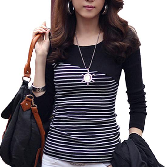 Mode Print Rayures Printemps Femmes T-shirt Manches Longues Col Rond Coupe Slim Top