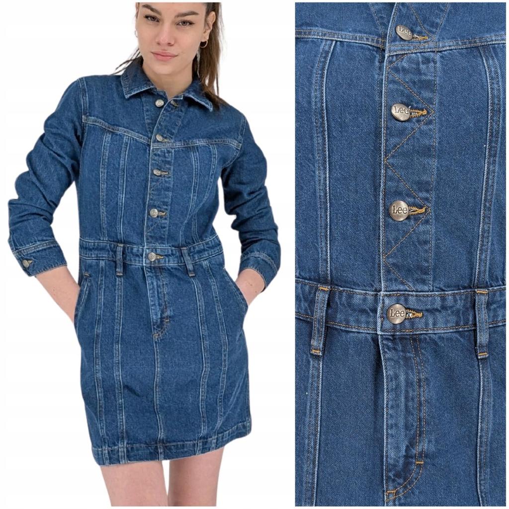 Lee LS Seamed Dress Mid Stonewash Fitted Denim Dress S