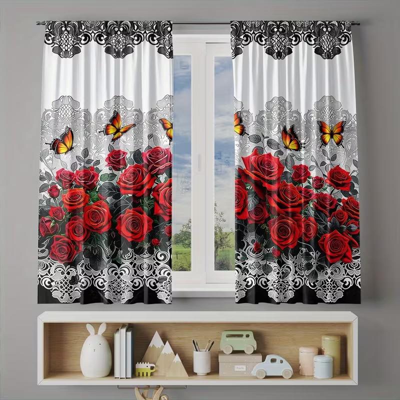 

Set Of 2 Dark Rose Butterfly Print Curtains Suitable Bedroom Living Room Kitchen Decoration Home Window Curtain Polyester Perfect For Sitting W100*H70(CM)-Rod Pocket&2PCS