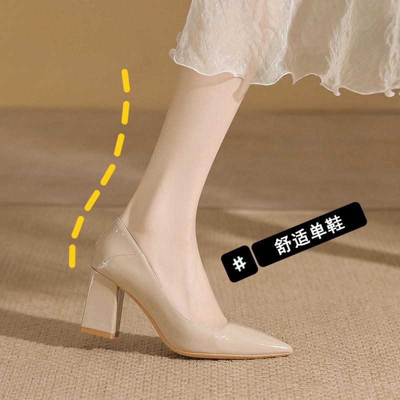 Nude High Heels Spring and Summer New Temperament Pointed Head Light Mouth Commuter Work Shoes Fashion Thick Heel Single Shoes Women
