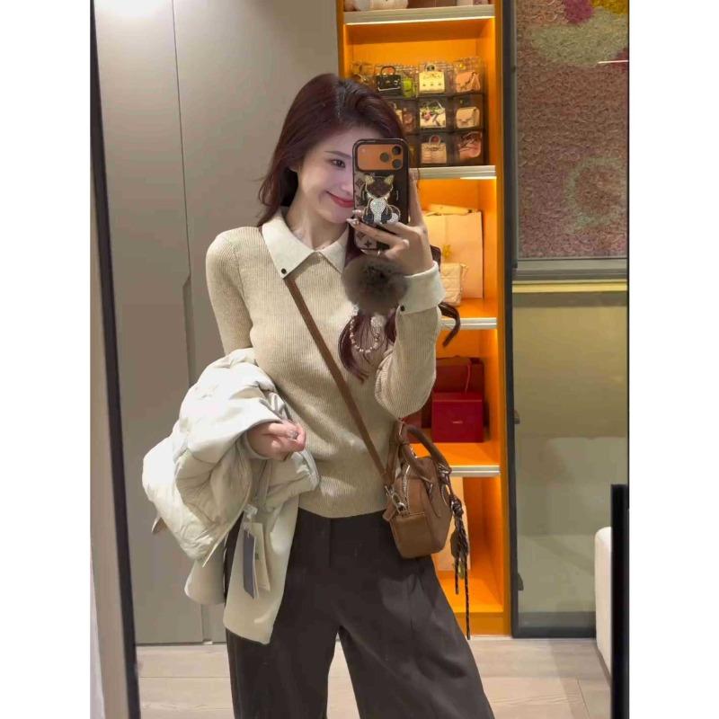 olo lapel contrasting color knitted sweater women's autumn and winter new slim-fitting front shoulder soft waxy long-sleeved inner top sweater