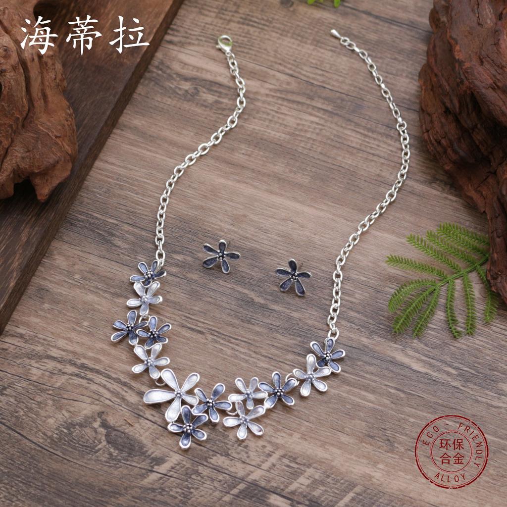 Colored flower stud earrings necklace set, fashionable painted oil flower women's versatile earrings neck chain