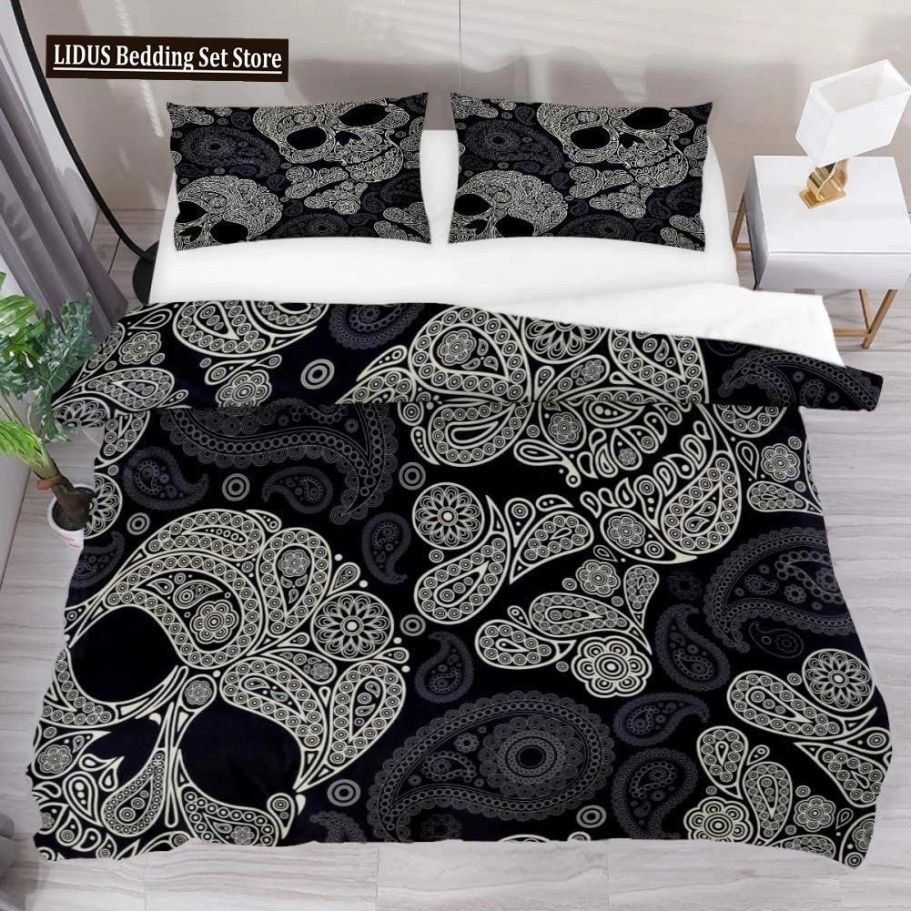 Duvet Cover Set Black Skull SkeletonPaisley Floral Gothic Luxury Soft Bedding Set Comforter Cover Halloween Decor,Queen Size