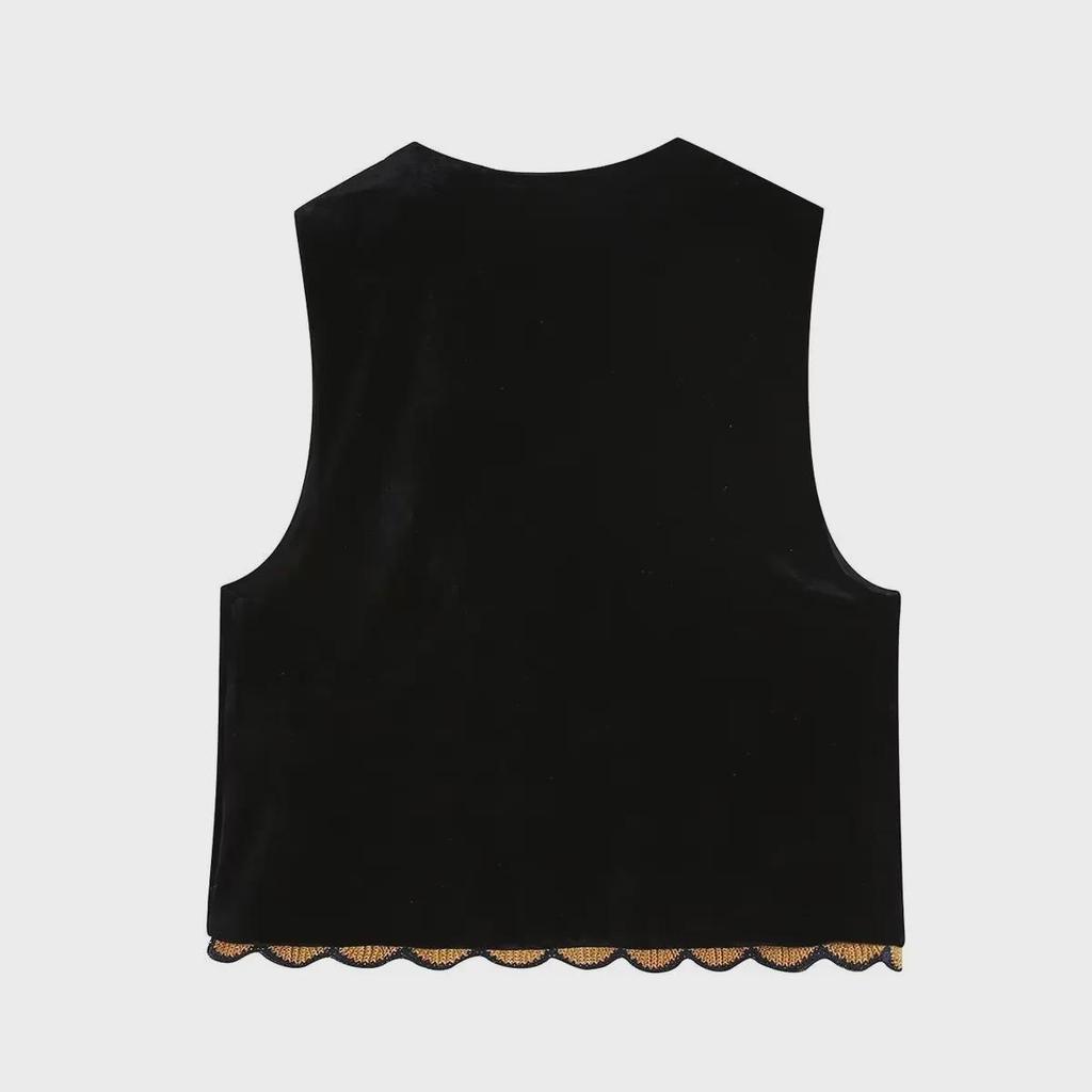 Retro Black Embroidered Velvet Vest for Women