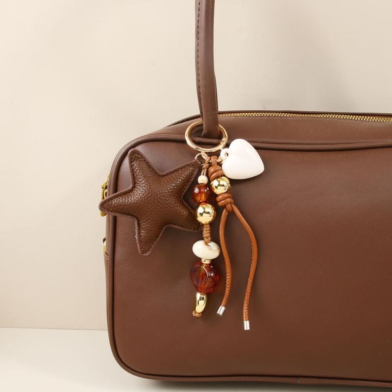 Bag Charm Keychain With Star Pendant Beaded Cord and Gold Tone Detail for Keys Daily Bags Purse Decoration and Daily Carry Styling Use