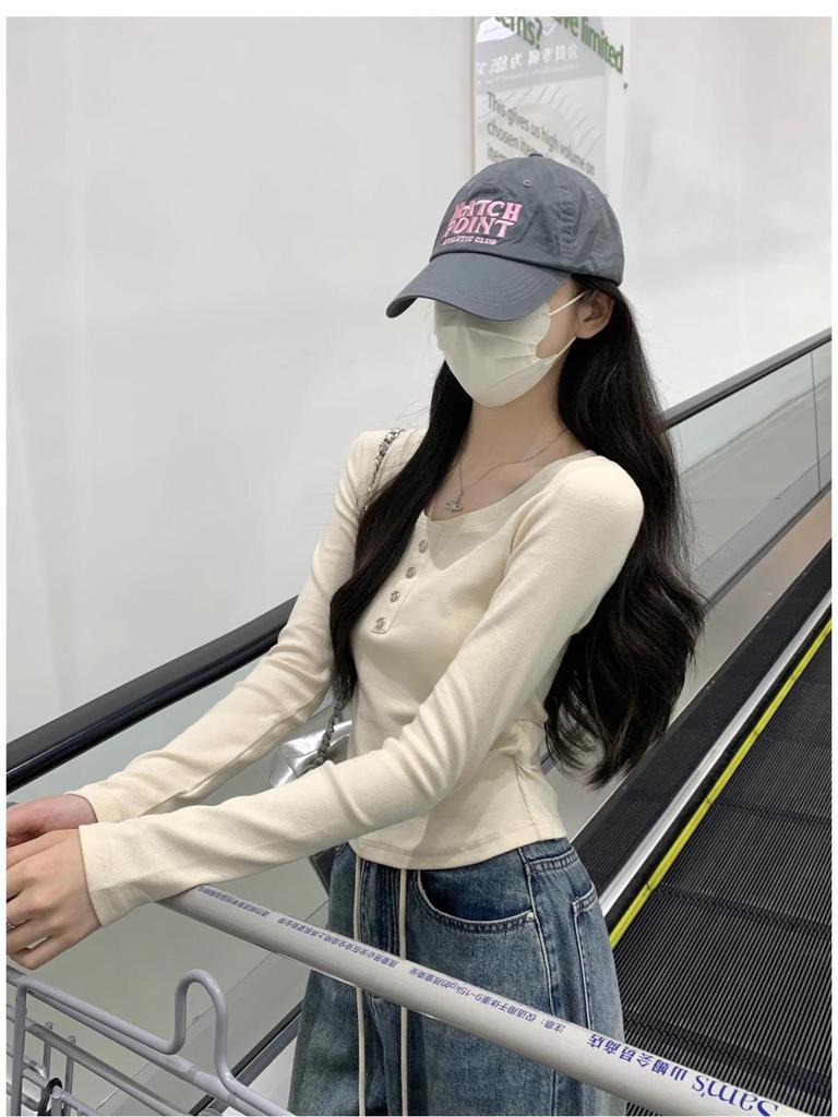 Korean Style Blue Macaron Pleated Waist-Cinching Long-Sleeve Top for Women