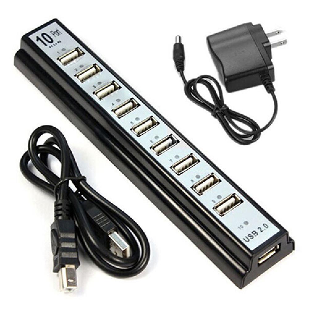 

10 Port Hi-Speed USB 2.0 Hub Splitter US Power Adapter for PC Laptop Computer USB Hub Station чёрный