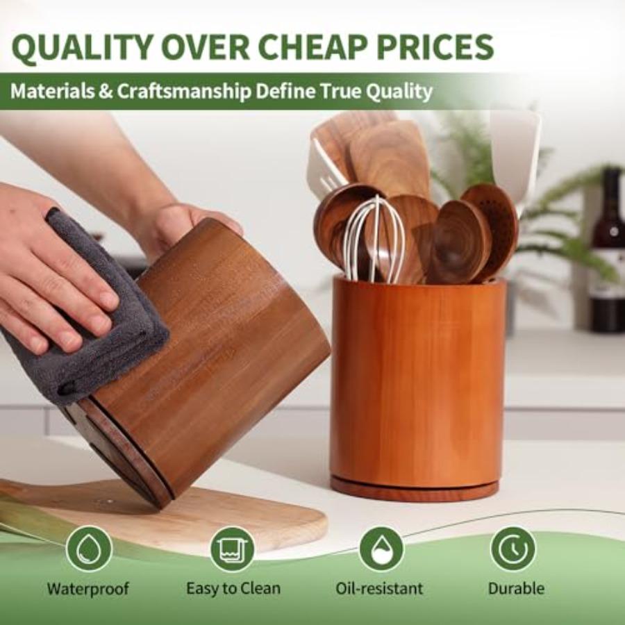 Wooden Utensil Holder 360 Rotating 7.3'' Large Kitchen Counter Utensil Organizer with Walnut Finish Farmhouse Style Countertop