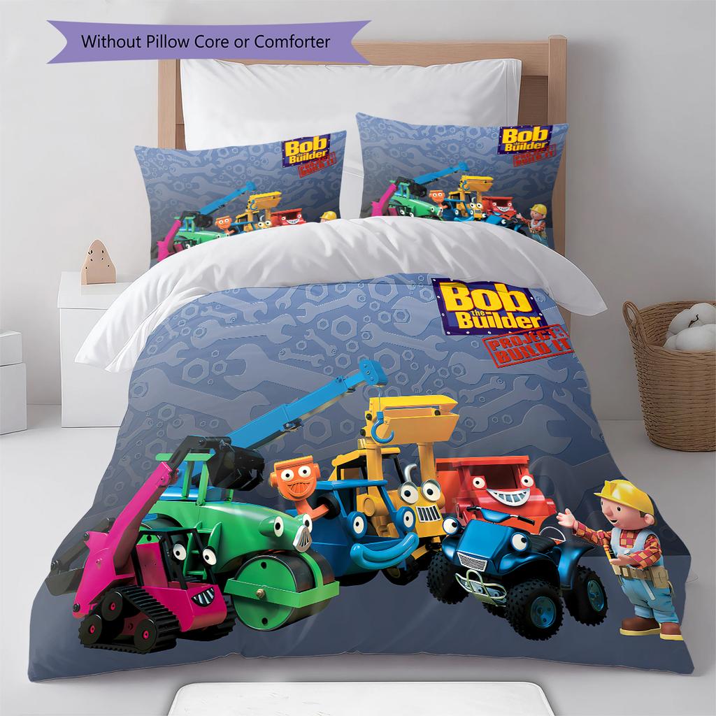Bob the Builder Pattern Bedding,Quilt Set Quilt Cover Pillowcase Home Birthday Gift (1 * Duvet Cover + 2 * Pillowcase, Without Core)