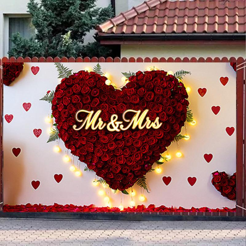 Mr & Mrs Wedding Backdrop with Red Rose Heart Design,Photo Background,Wall Decor,Party Supplies,Anniversary Backdrop,Reusable Wedding Decor