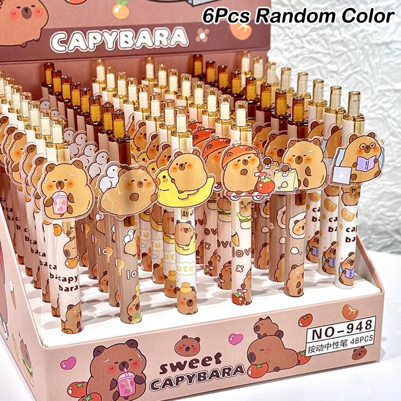 6Pcs Cartoon Cute Capybara Patch Pressing Neutral Pens Creative Writing Smooth Pens Office Supplies Student Stationery Gifts