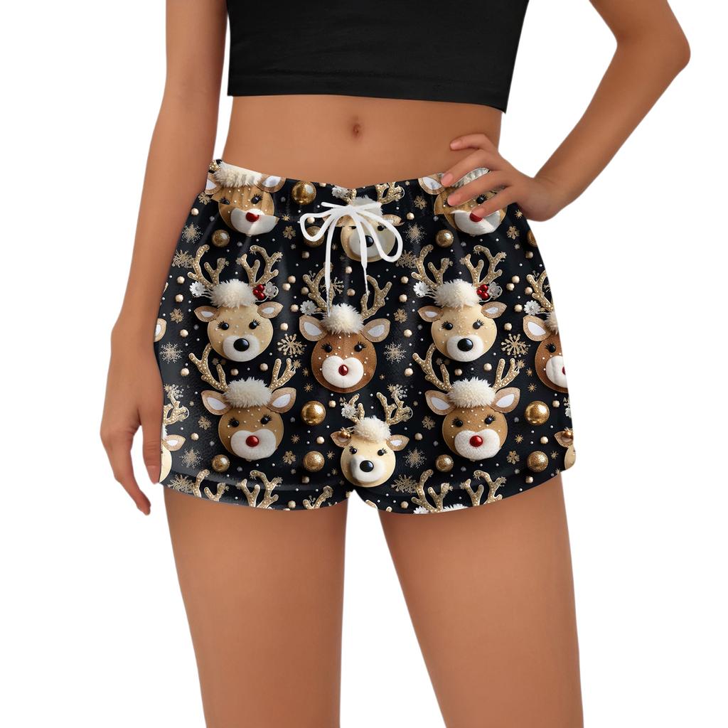 Women's Fashionable Loose-Fit Pajama Shorts With Fleece Christmas Print Casual Pants