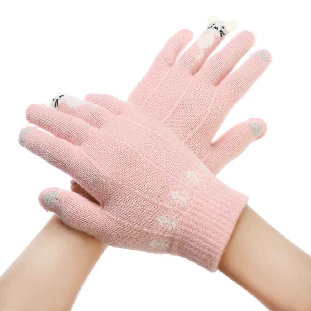 Finger Warm Soft Cute Cartoon Cats Knitted Gloves Thicken Warm Touch Screen Mittens Full Finger