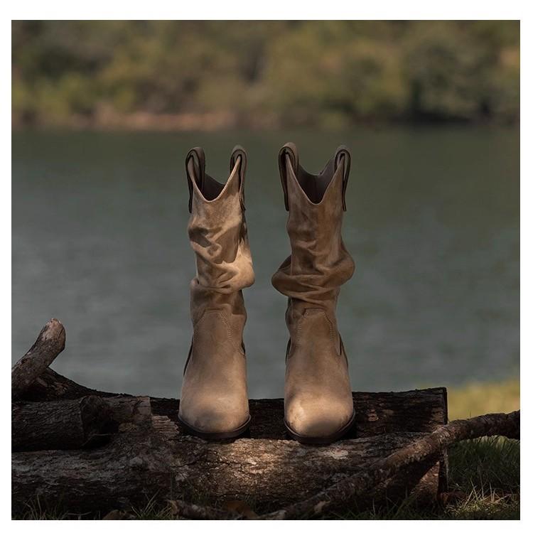 Sheepskin version~ retro western cowboy boots pointed thick heel short boots thin V-mouth pleated piled boots women's medium boots