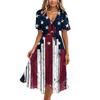 Women's Casual V Neck Short Sleeve Dress with Abstract Star and Stripe Print Midi Length Comfortable Fit for Everyday Wear
